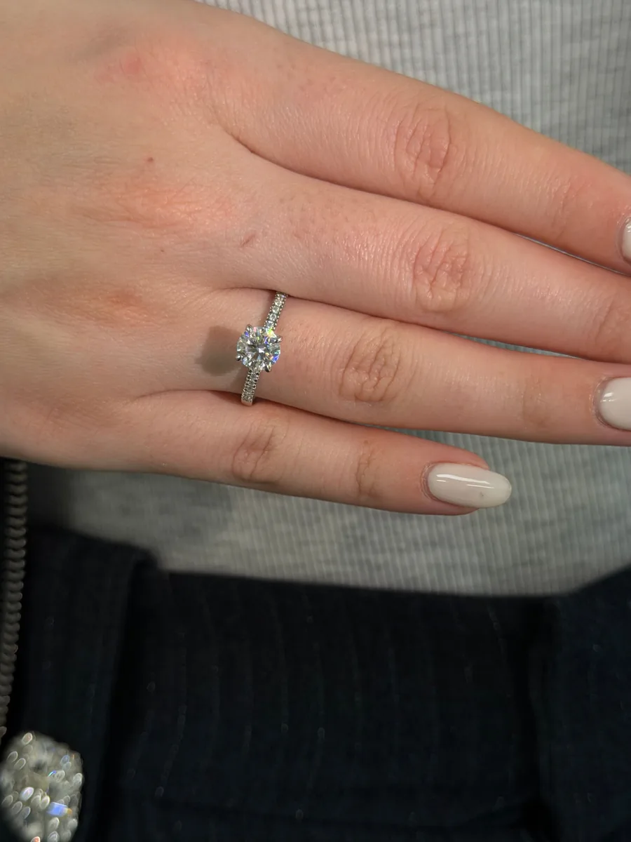 1CT Round Cut Engagement Ring with Pavé Band worn