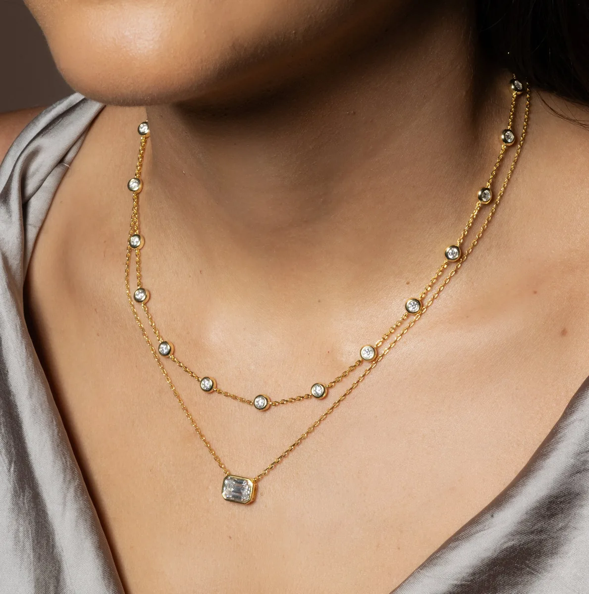 2CT Bezel Set Necklace worn