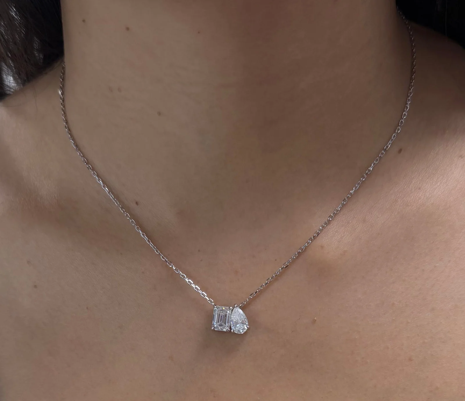 2cttw Toi et Moi Emerald & Pear Cut Necklace worn