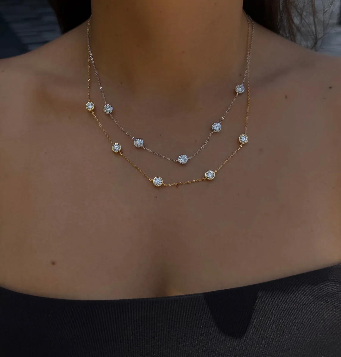 5 Stone Bezel Set Necklace worn