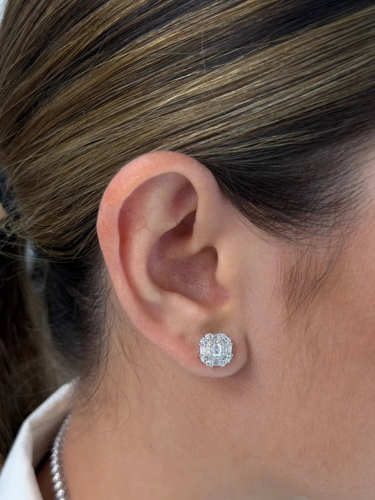 Asscher Cluster Stud Earrings worn
