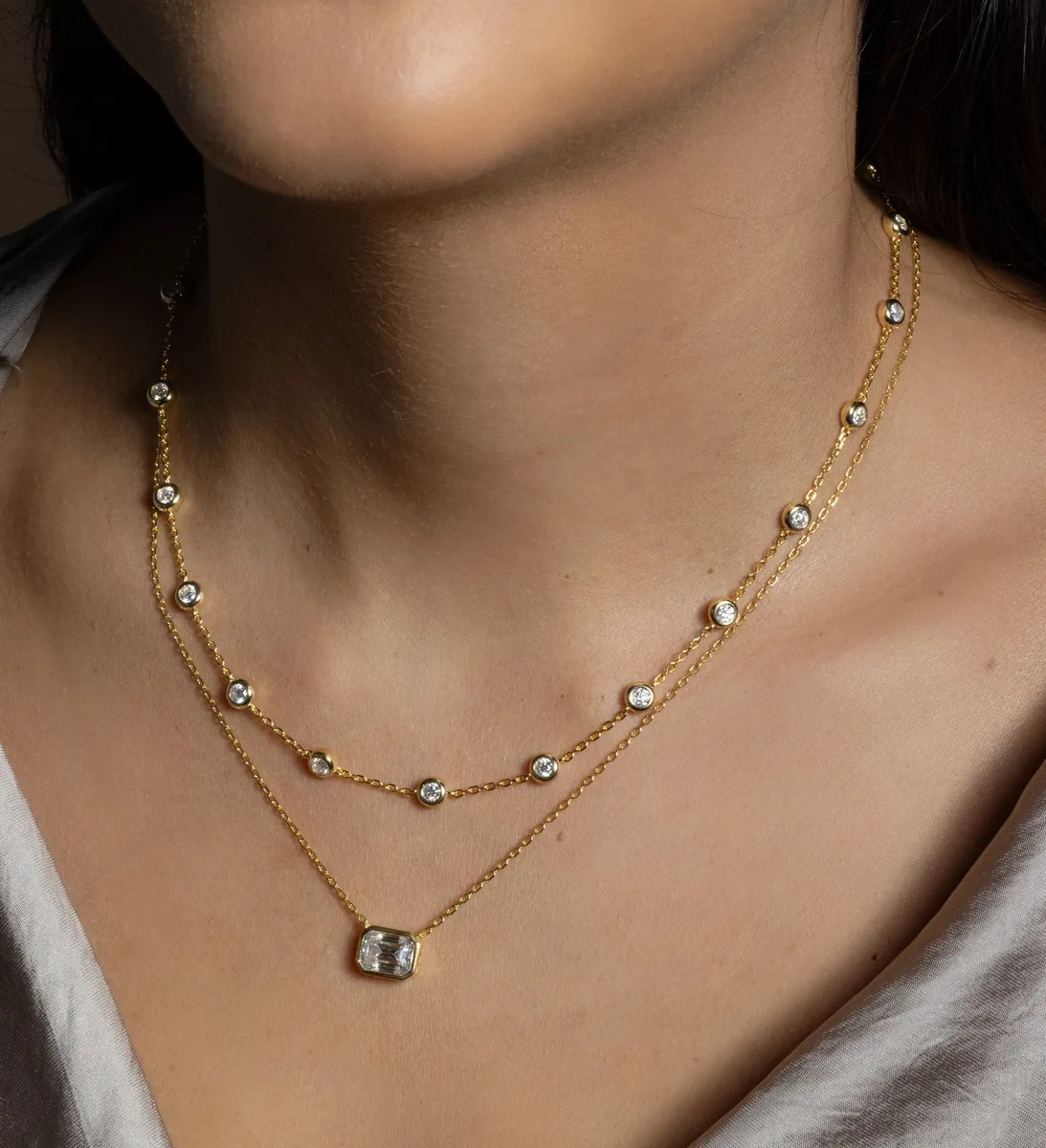 Emerald Bezel Solitaire Necklace worn