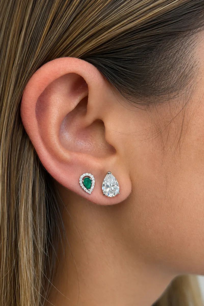 Emerald Halo Stud Earrings - Pear Cut worn