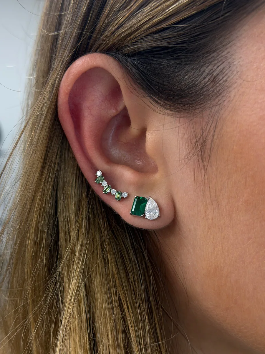 Emerald & Pear Cut Toi et Moi Stud Earrings worn