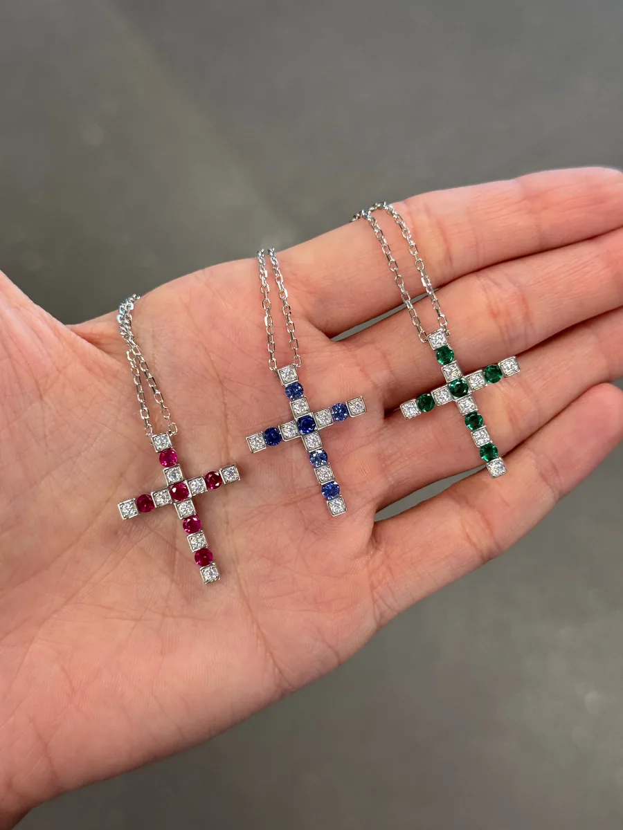 Emerald/ Ruby/ Sapphire Cross Necklace worn