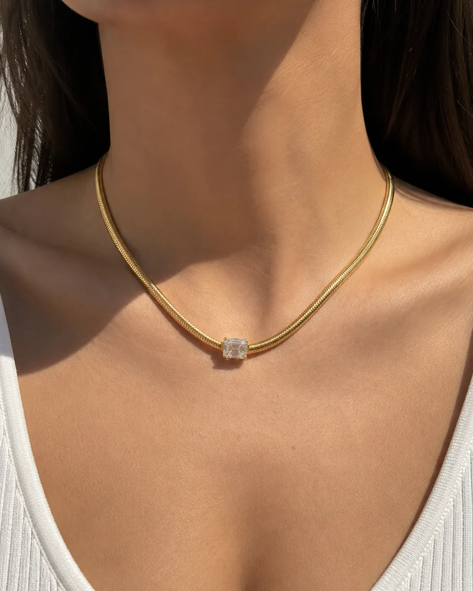Emerald Solitaire Snake Chain Necklace worn