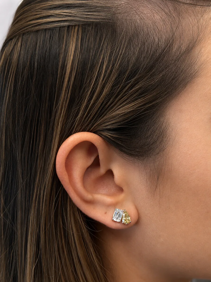Fancy Yellow Toi et Moi Pear & Emerald Cut Stud Earrings worn