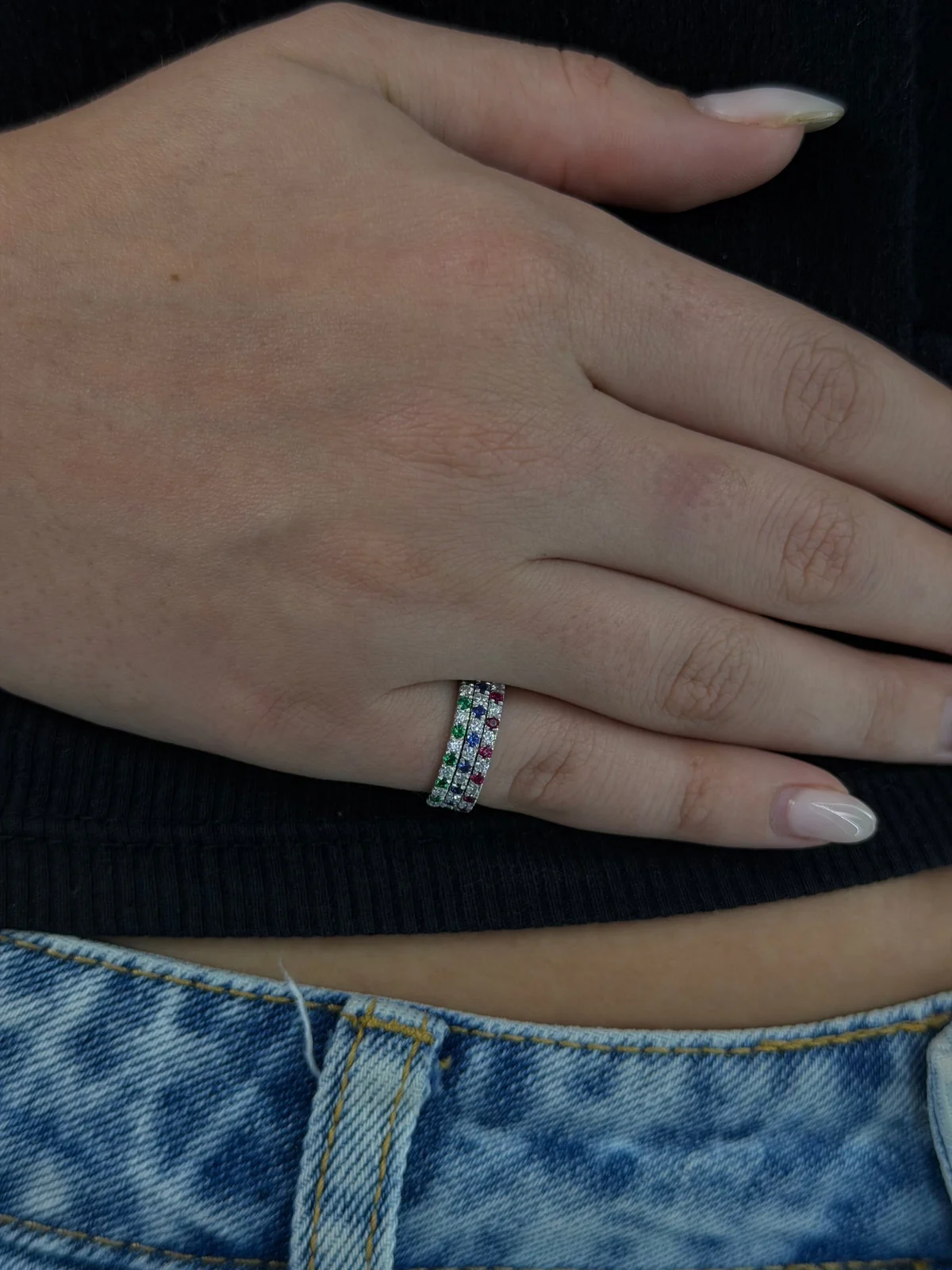 half 2mm color eternity band ring worn
