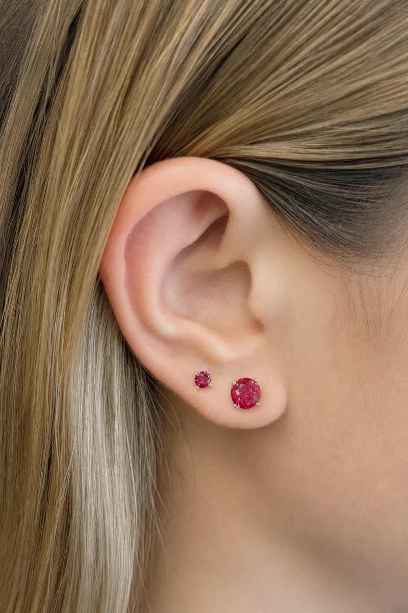 Lab Ruby Martini Stud Earrings worn