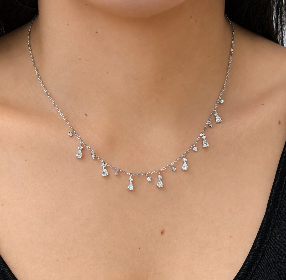 Pear & Round Drop Necklace worn