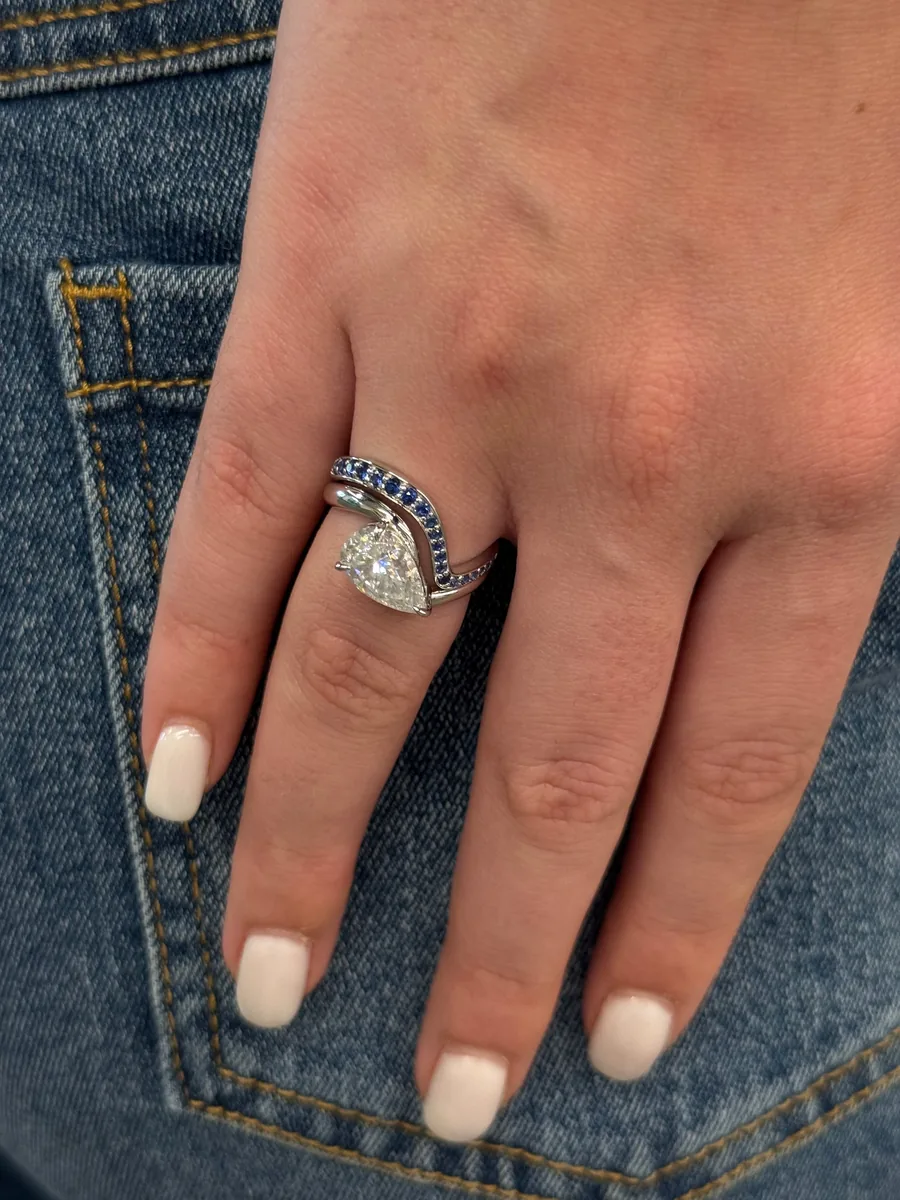 Pear Solitaire + Colored Stone Contour Band worn