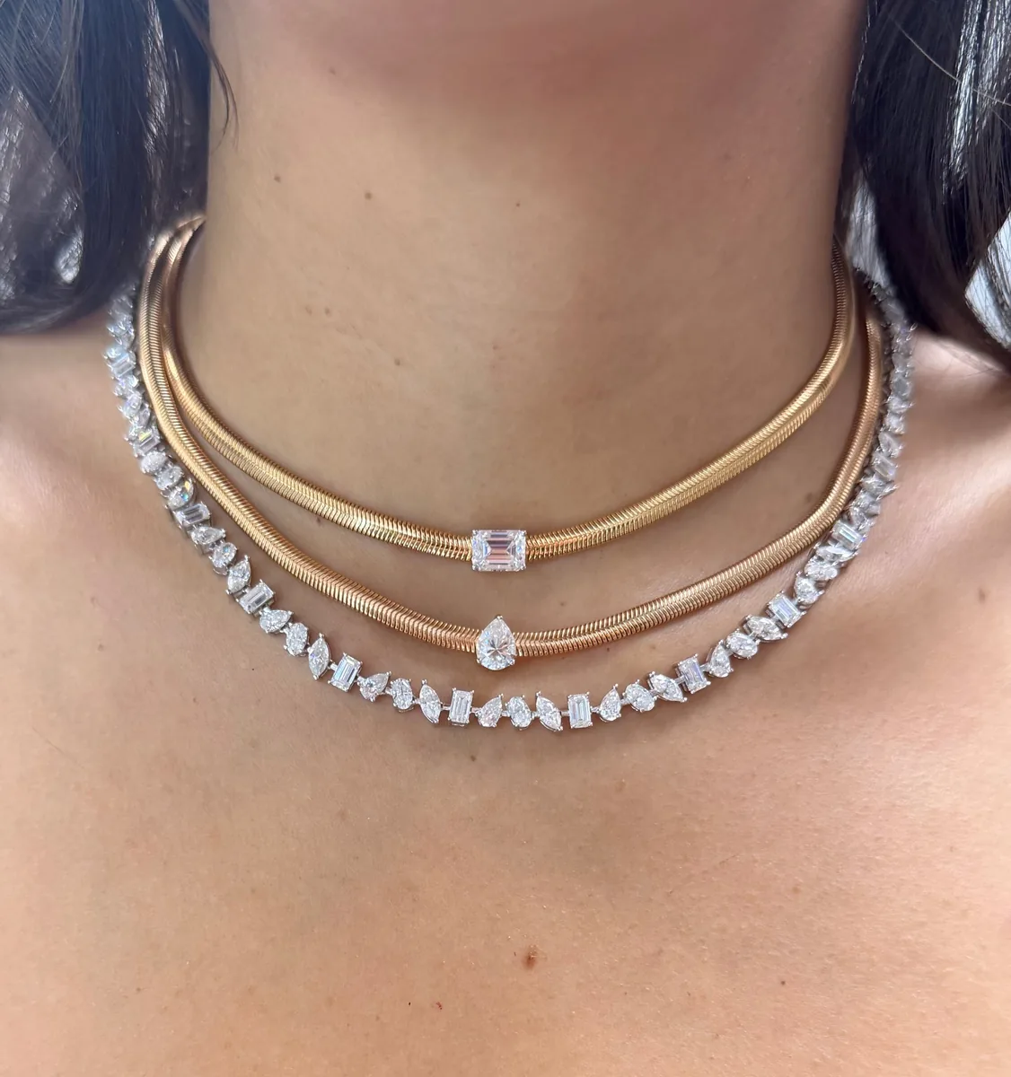 Pear Solitaire Snake Chain Necklace worn