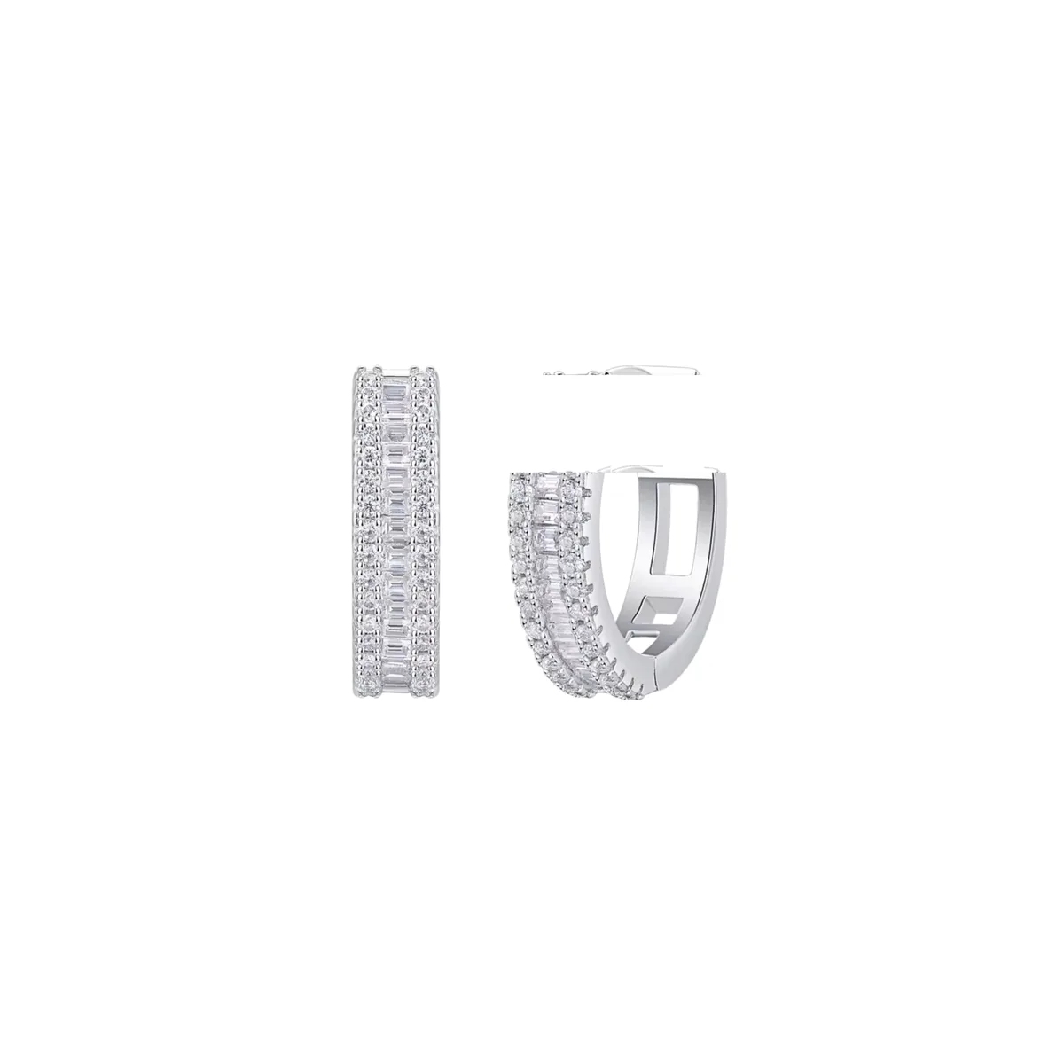 Triple Row Baguette & Round Cut Hoop Earrings