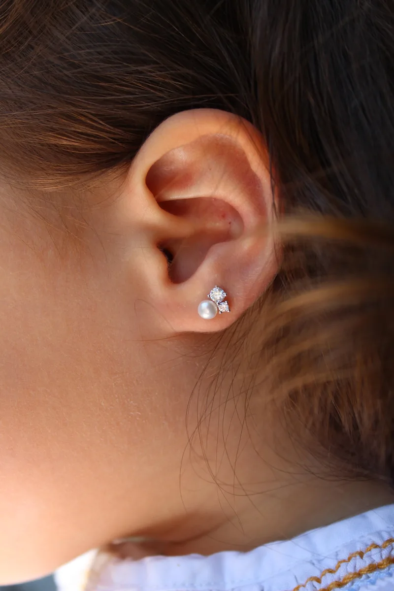 Twinkle Pearl Studs- Little Gems Collection worn